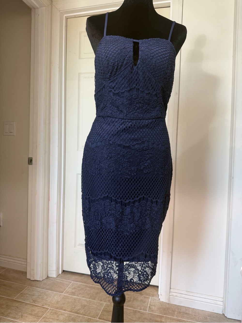 Guess Navy Lace Midi Dress with Spaghetti Straps